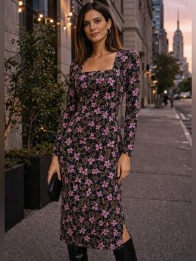 New MNG floral dress black purple floral dress side slit size xs Mango dress